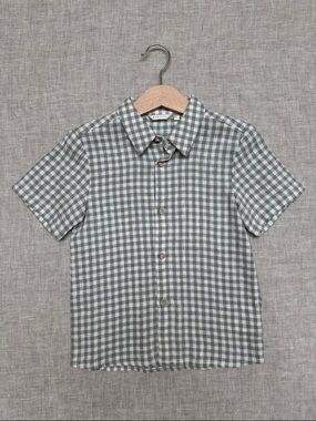 Noralee - Size 4 Boys- Short-Sleeve Blue/Gray Linen Gingham Shirt